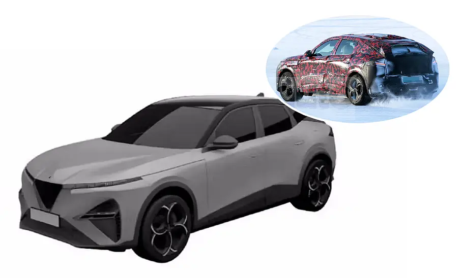 Alfa Romeo Stelvio (2026) Eine Collage zeigt ein Patentbild des Alfa Romeo Stelvio (2026) und ein Erlkönigfoto.