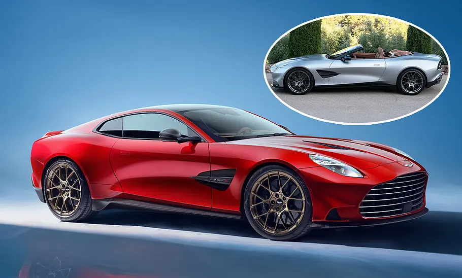 Aston Martin Vanquish (2024)/Vanquish Volante (2025) Eine Collage zeigt Aston Martin Vanquish (2024) und das Cabrio Vanquish Volante (2025).