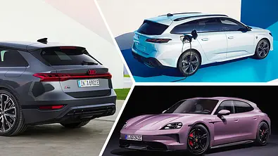 Eine Collage zeigt die Elektro-Kombis Audi A6 Avant e-tron, Peugeot e-308 SW und Porsche Taycan Sport Turismo. - Foto: Audi, Peugeot, Porsche / Collage: AUTO ZEITUNG