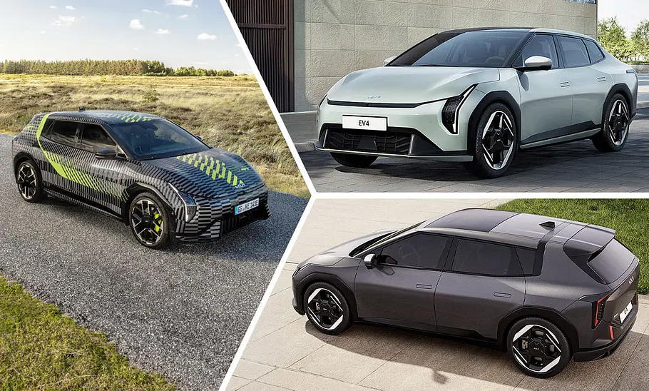 Eine Collage zeigt den Kia EV4 als getarnten GT, Limousine und Hatchback.