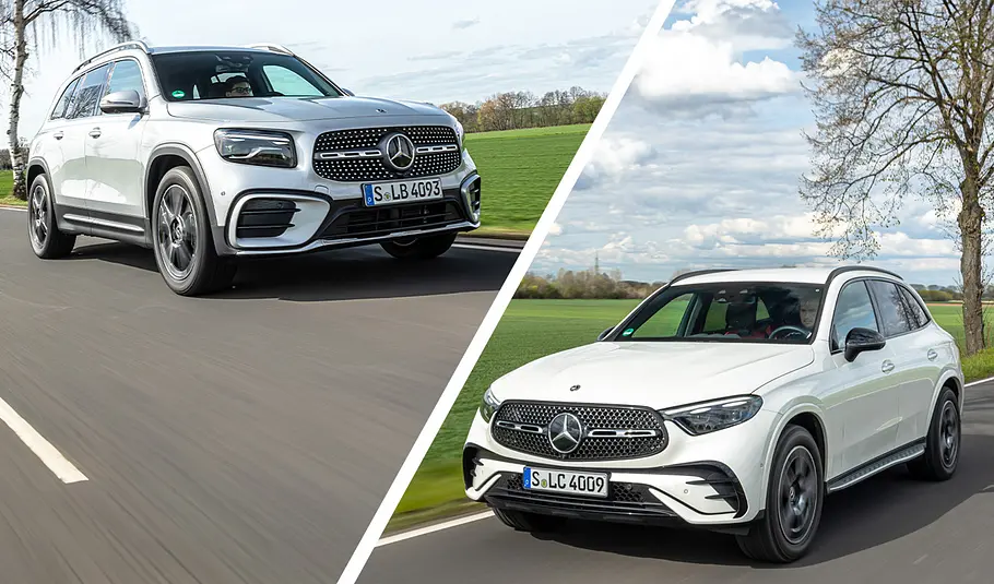 Mercedes GLB/GLC Eine Collage zeigt Mercedes GLB und GLC, die jeweils über eine Landstraße fahren und von vorne fotografiert sind.