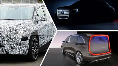 Eine Collage zeigt stellvertretend für die Mercedes-Neuheiten bis 2027 den Mercedes GLA als Erlkönig (links), den Schattenriss des Mercedes C-Klasse EQ (oben rechts) und die Studie zum Mercedes VLE/VLS. - Foto: Mercedes/SH Proshots/Collage: AUTO ZEITUNG