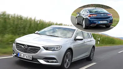 Opel Insignia Sports Tourer fahrend von schräg vorne und eingeklinkt die Limousine. - Foto: Opel/Collage: AUTO ZEITUNG
