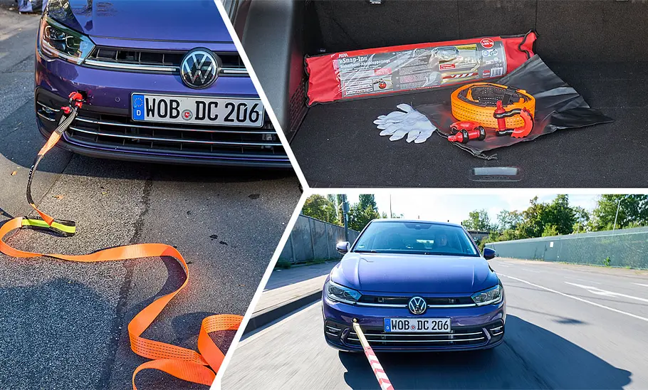 Abschleppstange und Abschleppseil im Test Collage von Abschleppstange und Abschleppseil im Test, mit einem VW Polo als Testwagen.