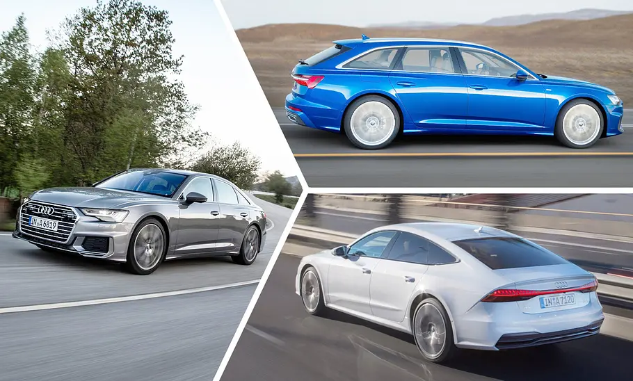 Audi A6 (2018); fahrend von vorne rechts/Audi A6 Avant (2018); fahrend von der rechten Seite/Audi A7 Sportback (2018); fahrend von hinten links