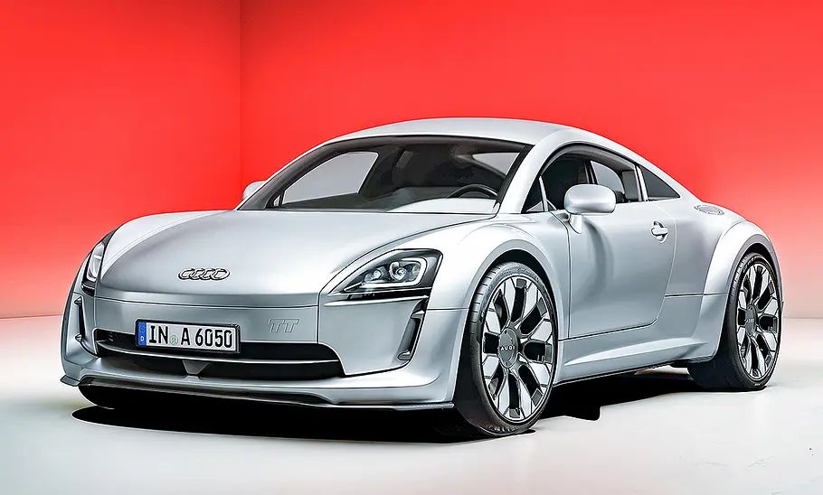 Illustration des Audi TT e-tron (2027), mit Blick von schräg vorne auf das Auto.