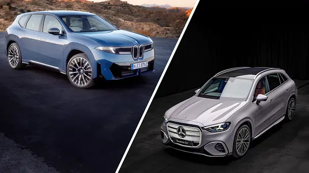 Eine Collage zeigt BMW iX3 und Mercedes GLC EQ von außen. - Foto: BMW, Mercedes / Collage: AUTO ZEITUNG Eine Collage zeigt BMW iX3 und Mercedes GLC EQ von außen. - Foto: BMW, Mercedes / Collage: AUTO ZEITUNG