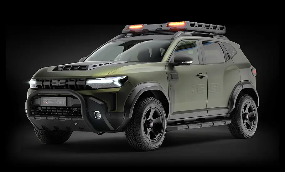 Dacia Duster mit Offroad-Tuningpaket von Redust statisch von schräg vorne.
