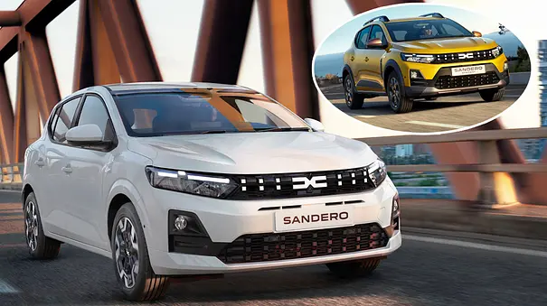 Eine Collage zeigt Dacia Sandero und Sandero Stepway Facelift (2026). - Foto: Dacia Eine Collage zeigt Dacia Sandero und Sandero Stepway Facelift (2026). - Foto: Dacia