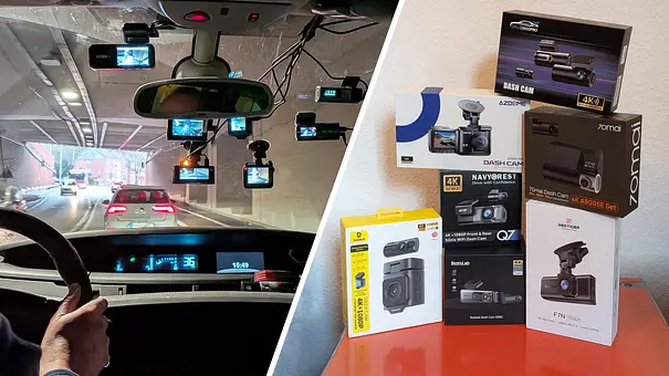 Collage mit Testerhand und Dashcam im Test links, gestapelten Dashcam-Packungen rechts, fotografiert von hinten. - Foto: Fotos und Collage: AUTO ZEITUNG