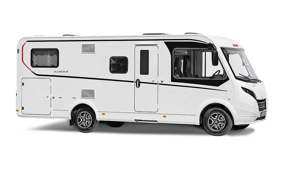 Dethleffs Globebus (2025) vor weißem Hintergrund, statisch von der rechten Seite.