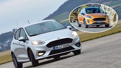 Eine Collage zeigt Ford Fiesta und Ford Fiesta Active, die auf einer Rennstrecke beziehungsweise einer Straße fahren. - Foto: Zbigniew Mazar, Ford/Montage: AUTO ZEITUNG
