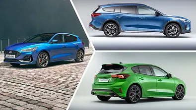 Eine Collage zeigt die Facelift-Varianten von Ford Focus, Focus Turnier und Focus ST. - Foto: Ford/Montage: AUTO ZEITUNG