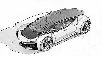Zeichnung des AZ Automotive Shootingbrake, Ansicht von schräg vorne. - Foto: Avarvarii