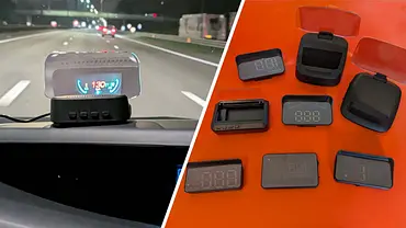Die Collage zeigt eine nächtliche Autobahn mit Head-up-Display zum Nachrüsten im Test. Rechts im Bild: Alle Prdoukte aus dem Testfeld. - Foto: AUTO ZEITUNG