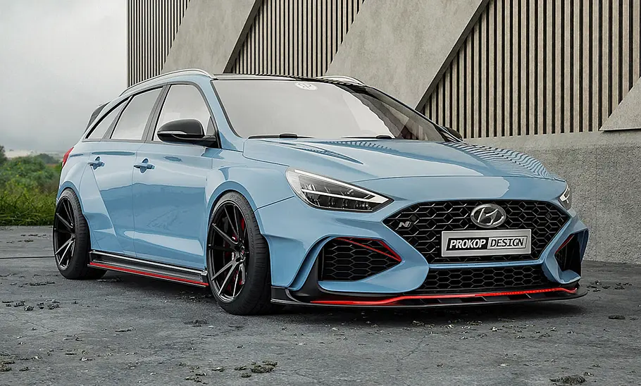 Eine Computer-Illustration zeigt einen Hyundai i30 N als Kombi, statisch von vorne rechts abgebildet.
