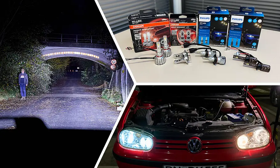 LED zum Nachrüsten im Test Collage mit einem Auto mit Halogen- und LED-Licht, einem Fußgänger der nachts auf einer Landstraße hell angestrahlt wird und LED-Lampen zum Nachrüsten.