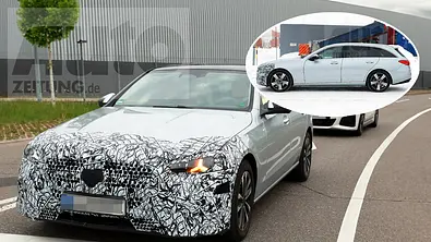 Eine Collage zeigt die Facelift-Varianten von Mercedes C-Klasse und C-Klasse T-Modell als Erlkönige. - Foto: SH Proshots