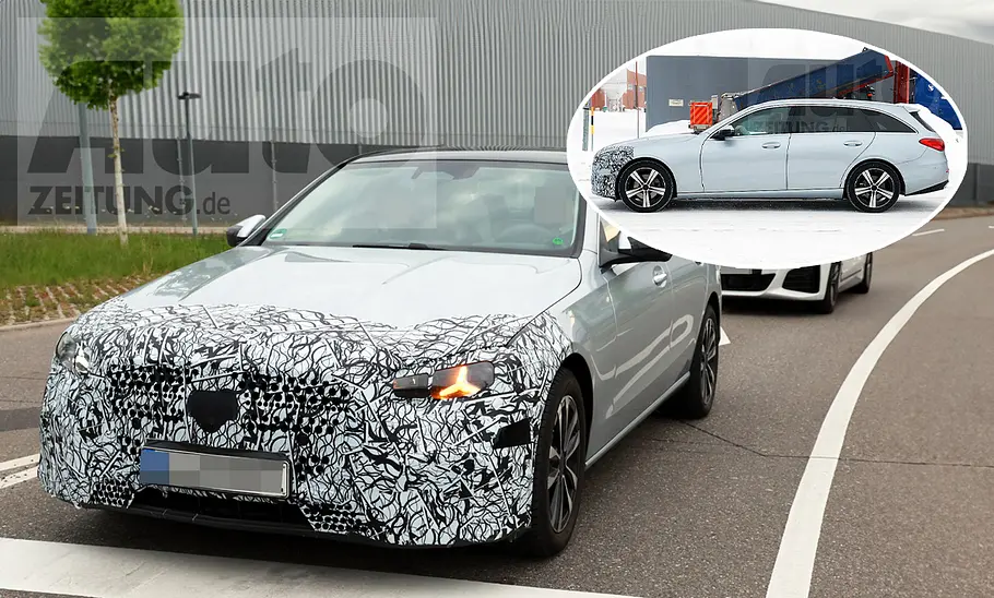 Eine Collage zeigt die Facelift-Varianten von Mercedes C-Klasse und C-Klasse T-Modell als Erlkönige.