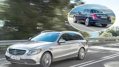 Collage dynamischer Fotos von Mercedes C-Klasse T-Modell (2018) und Mercedes C-Klasse (2014) - Foto: Mercedes; Montage: AUTO ZEITUNG