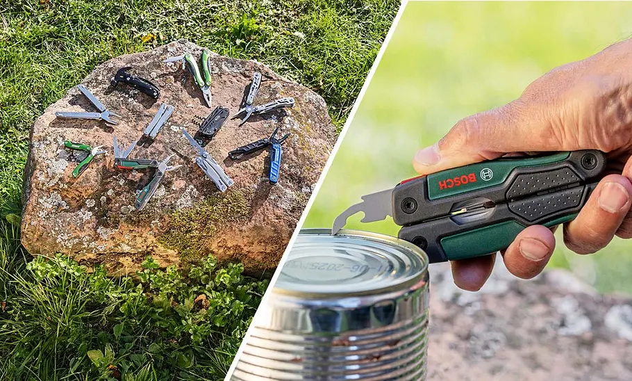 Collage mit zehn Multitool auf einem Felsblock links und einer Hand mit Multitool beim Dosenöffnen rechts.