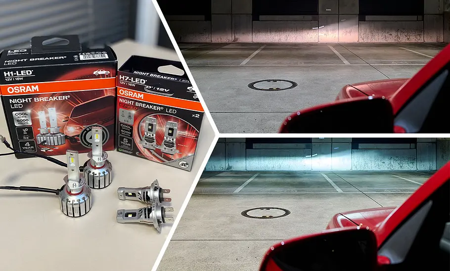 Collage mit Osram Night Breaker LED links, Testwand mit Halogenlicht oben und LED-Licht unten.