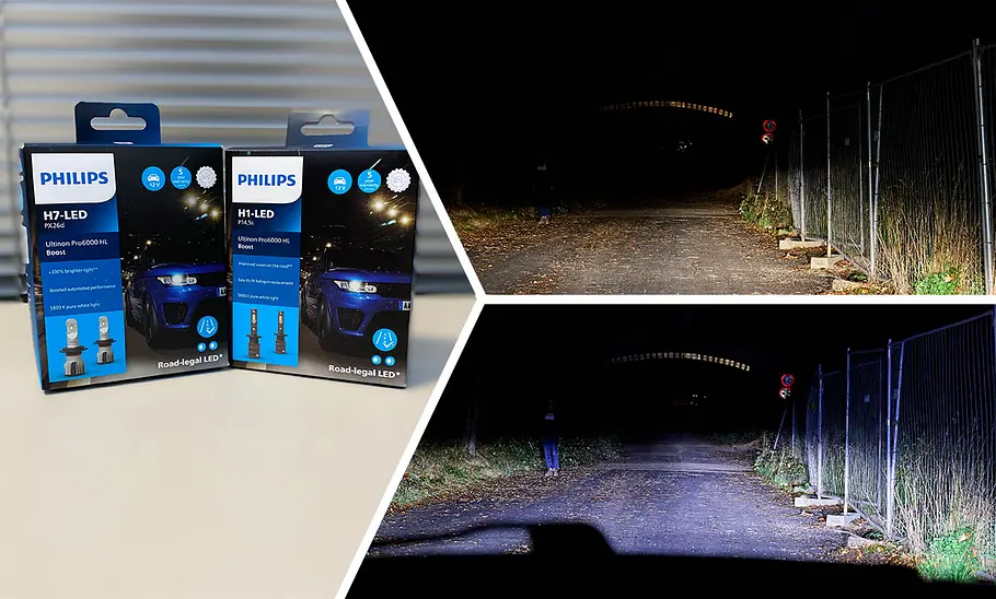 Collage aus Philips Ultinon LEDs links, von Halogenlicht ausgeleuchteter Straße oben und mit LED ausgeleuchteter Straße unten.
