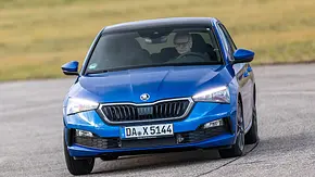 Der Skoda Scala (2019) fährt durch eine Rechtskurve, von vorne fotografiert. - Foto: Frank Ratering