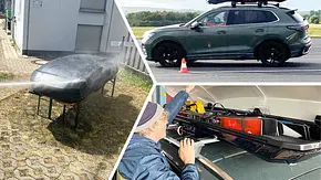 Collage aus drei Bildern mit Thule-Dachboxen, fotografiert beim Fahrdynamiktest, Beladen und bei der Dichtigkeitsprüfung. - Foto: Collage: AUTO ZEITUNG Fotos: Zbigniew Mazar Collage aus drei Bildern mit Thule-Dachboxen, fotografiert beim Fahrdynamiktest, Beladen und bei der Dichtigkeitsprüfung. - Foto: Collage: AUTO ZEITUNG Fotos: Zbigniew Mazar