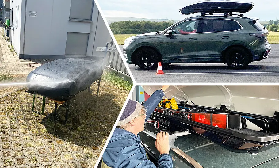 Drei Thule-Dachboxen im Test Collage aus drei Bildern mit Thule-Dachboxen, fotografiert beim Fahrdynamiktest, Beladen und bei der Dichtigkeitsprüfung.