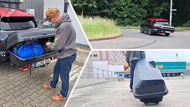 Heckbox Thule Santu in verschiedenen Testsituationen am Testwagen. - Foto: Kollage und Fotos: AUTO ZEITUNG