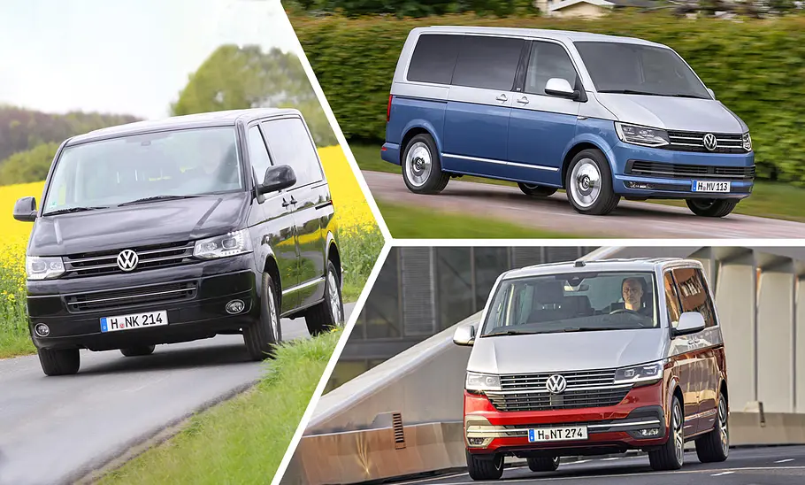 VW T5 Multivan (2009)/VW T6 Multivan (2015)/VW T6.1 Multivan (2019) VW T5 Multivan (2009)/VW T6 Multivan (2015)/VW T6.1 Multivan (2019); Kollage fahrender, frontal fotografierter Vans