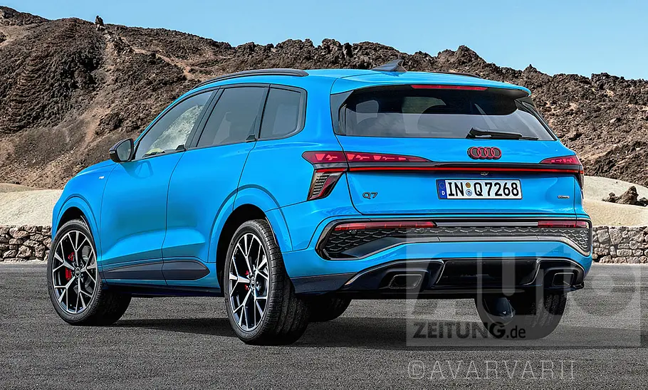 Eine Computerillustration zeigt den Audi Q7 (2025) von hinten links.