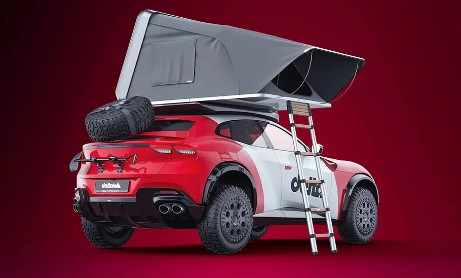 Ferrari Purosangue Fuoristrada Delta 4x4 Ferrari Purosangue Fuoristrada Delta 4x4: Ansicht schräg hinten mit Dachzelt