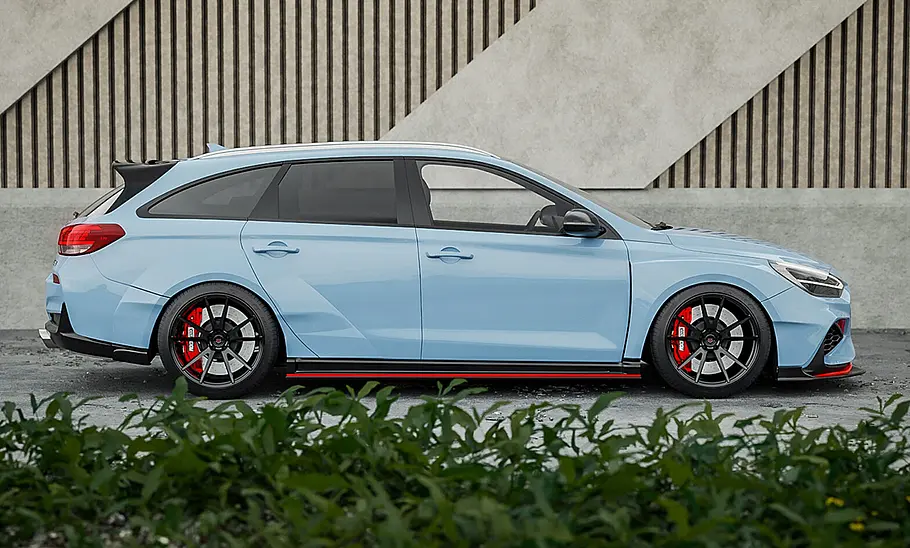 Eine Computer-Illustration zeigt einen Hyundai i30 N als Kombi, statisch von rechts abgebildet.