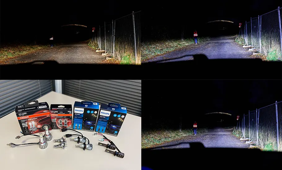 LED zum Nachrüsten im Test – Abblendlicht Collage mit LED-Lichter zum Nachrüsten und einer dunklen Landstraße mit Brücke, die mit Halogenabblendlicht (links oben), Osram LEDs (rechts oben) und Philips LEDs ausgeleuchtet werden.