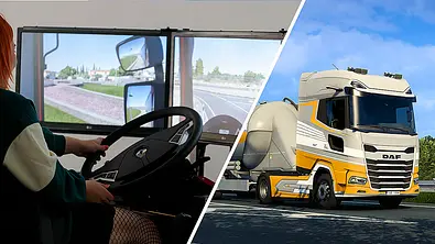 Das Bild zeigt auf der linken Seite eine Person an einem PC-Lenkrad-Setup für Lkw-Simulationsspiele und auf der rechten Seite einen Screenshot aus dem Spiel Euro Truck Simulator 2 - Foto: Imago/SCS Software/Collage: AUTO ZEITUNG