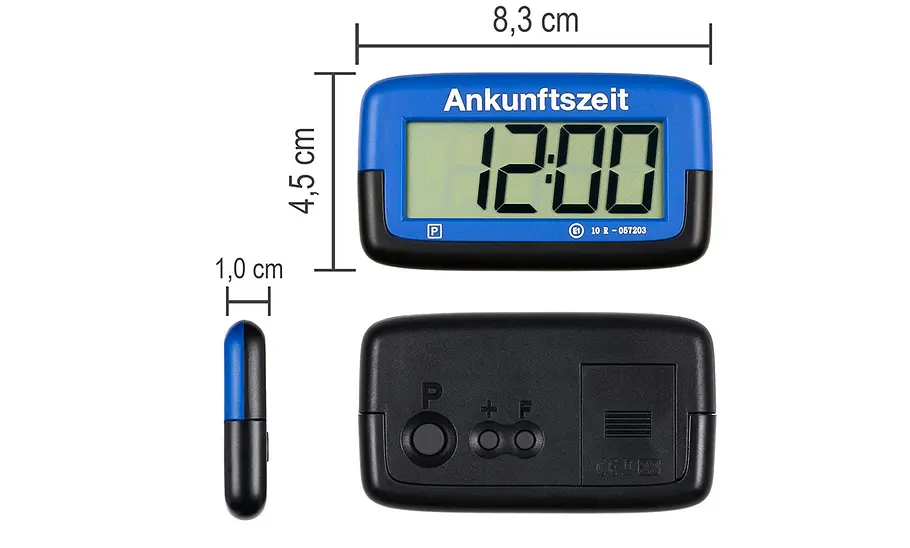Needit Park Micro im Test Front-, Seiten- und Rückansicht inklusive Abmessungen der elektronischen Parkscheibe Needit Park Micro.