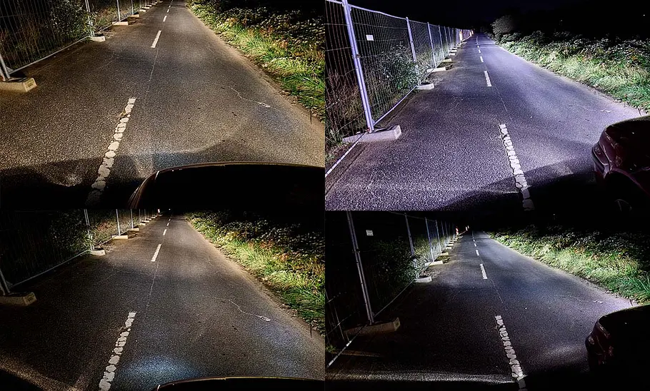 Nächtliche Landstraße, die von einem Auto mit Halogenlicht (links) und LED-Licht (rechts) ausgeleuchtet wird.