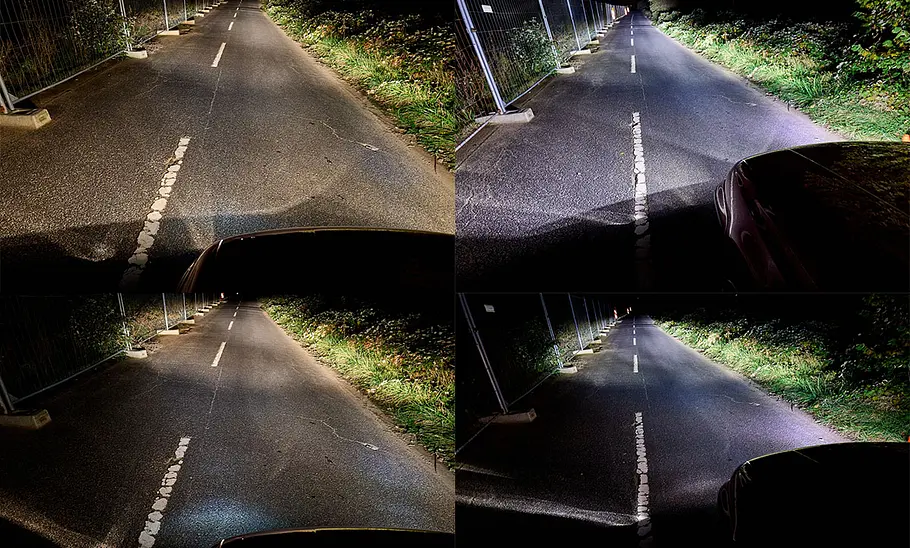 Vergleich der Ausleuchtung einer nächtlichen Landstraße mit Halogenleuchten (links) und LED-Leuchten (rechts), jeweils mit Abblendlicht (unten) und Fernlicht (oben).