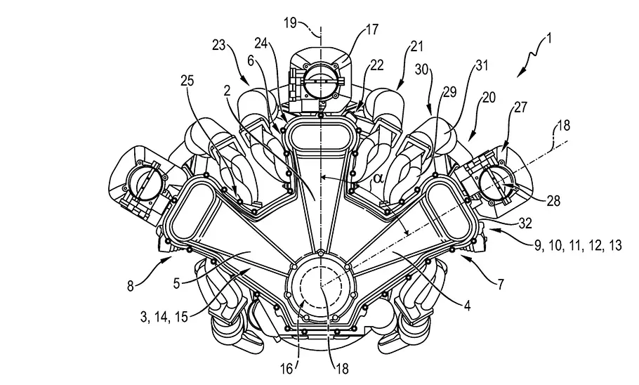 Eine Patentzeichnung zeigt einen W18-Motor von Porsche.