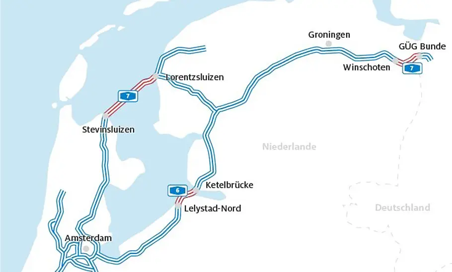 Wieder Tempo 130 auf niederländischen Autobahnen Schematische Karte der niederländischen Autobahnen A6 und A7, auf denen wieder Tempo 130 gilt.