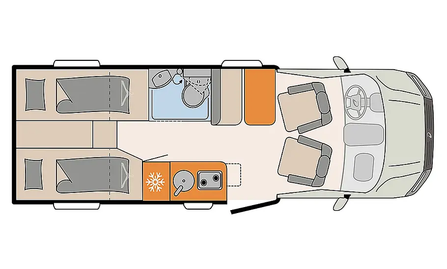 Einzelbetten Grundrissansicht des Dethleffs Globebus Performance 4x4 mit Einzelbetten.