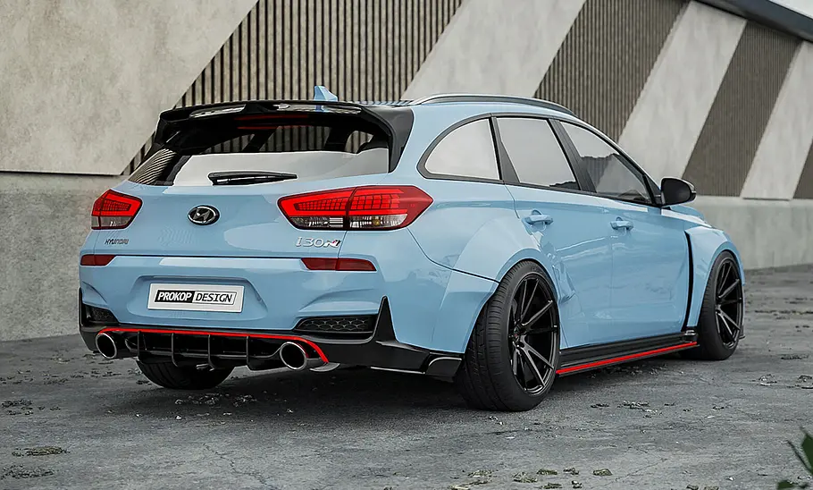 Eine Computer-Illustration zeigt einen Hyundai i30 N als Kombi, statisch von hinten rechts abgebildet.