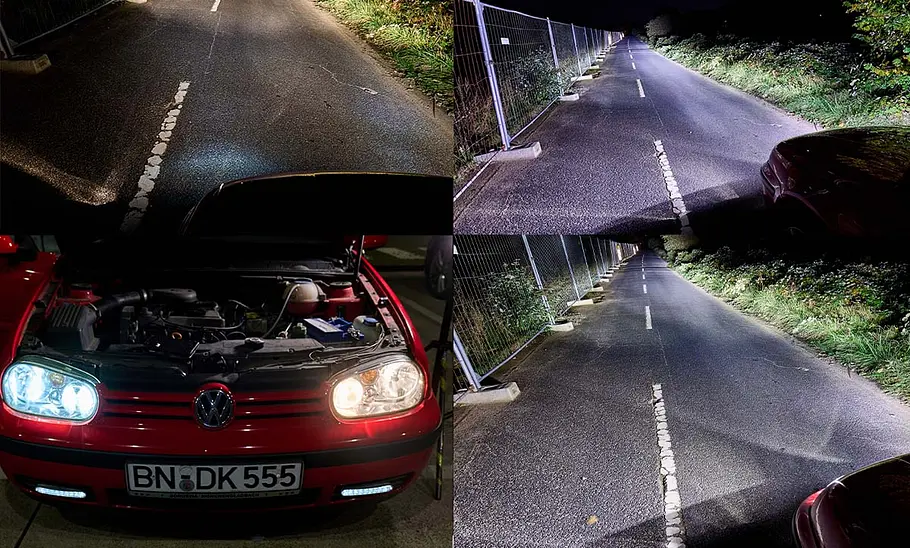 LED zum Nachrüsten im Test – Fernlicht Collage mit einem Auto mit LED-Licht (linker Scheinwerfer) und Halogenlicht (rechter Scheinwerfer) und einer dunklen Landstraße, die mit Halogenfernlicht (links oben), Osram LEDs (rechts oben) und Philips LEDs ausgeleuchtet wird.