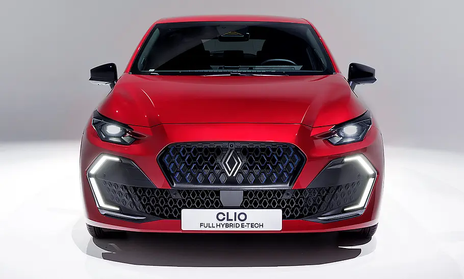 Renault Clio (2026) Der Renault Clio (2025) vor weißem Hintergrund, Ansicht von vorne.