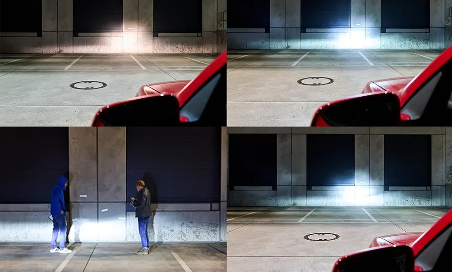 LED zum Nachrüsten im Test – Lichtausbeute Collage mit Testern vor einer Hauswand (unten links), die mit Halogenfernlicht (links oben), Osram LEDs (rechts oben) und Philips LEDs ausgeleuchtet wird.