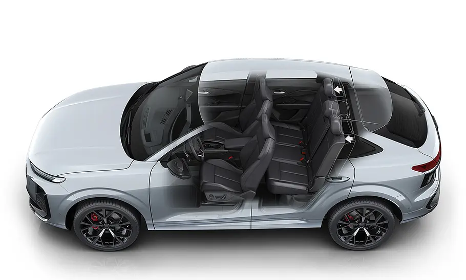 Schema des Innenraums des Audi Q3 Sportback 2025 mit längenverstellbarer Rückbank.