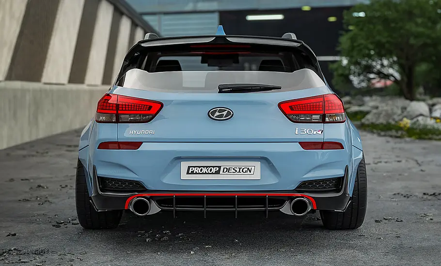 Eine Computer-Illustration zeigt einen Hyundai i30 N als Kombi, statisch von hinten abgebildet.