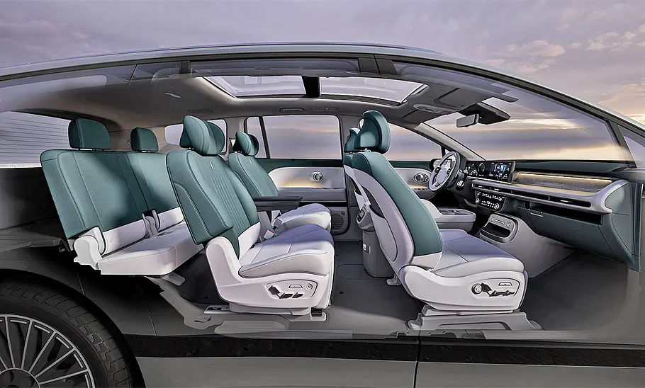 Schnitt durch den Hyundai Ioniq 9 (2025) für die Ansicht der drei Sitzreihen von der rechten Seite.